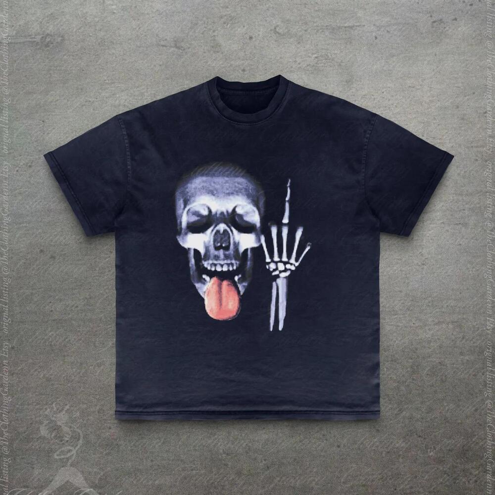Funny Skull Graphic Tee, Skeleton Middle Finger T-Shirt For Men Women